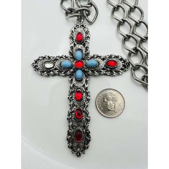 Vintage Signed Celebrity Cabochon Rhinestone Cross Pendant Necklace 28” READ - Picture 3 of 6